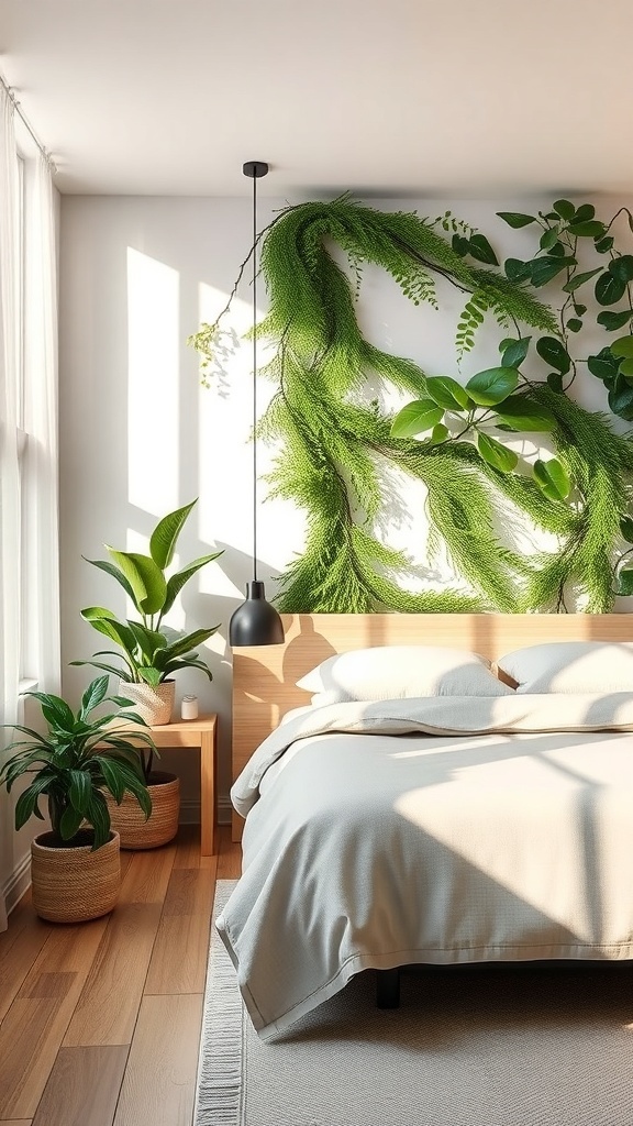 A cozy bedroom with a nature-inspired greenery wall featuring ferns and leafy plants, complemented by wooden furniture.