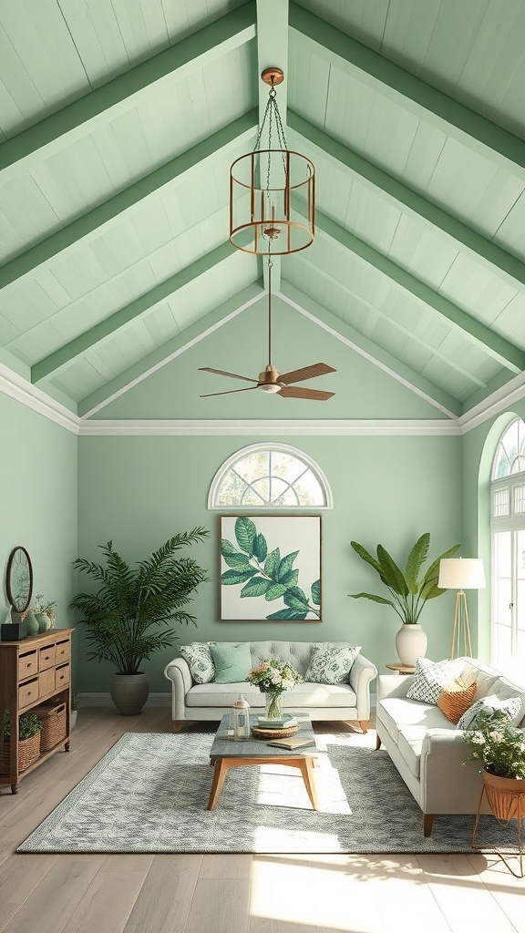 A bright living room with a vaulted ceiling painted in mint green, featuring plants, light furniture, and a cozy atmosphere.