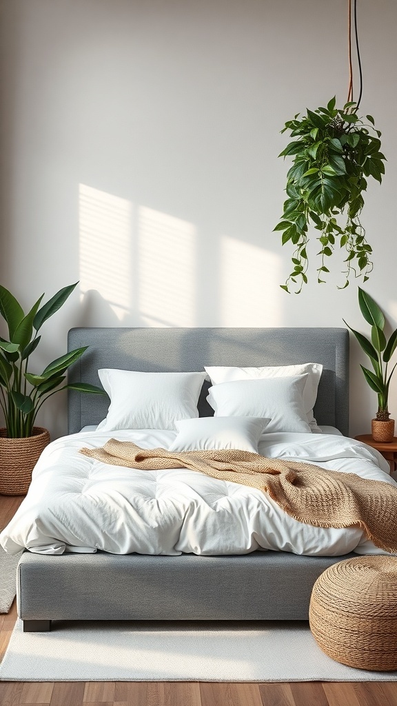 A grey bed frame with white bedding, surrounded by greenery in pots and a hanging plant.