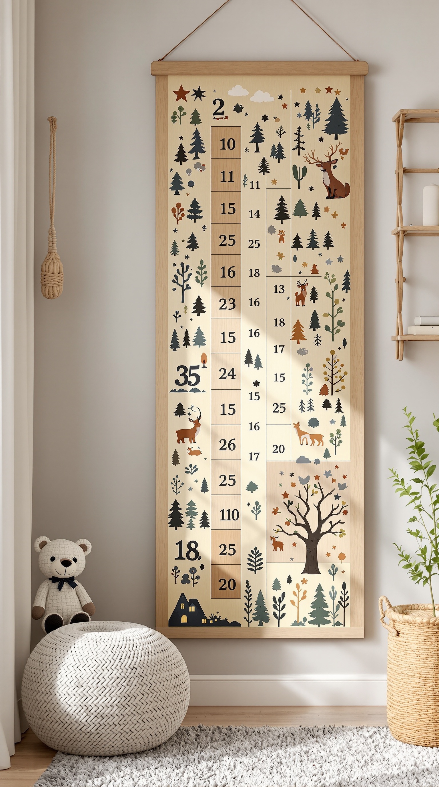 A nature-themed growth chart featuring trees, animals, and clouds, designed for a baby room.