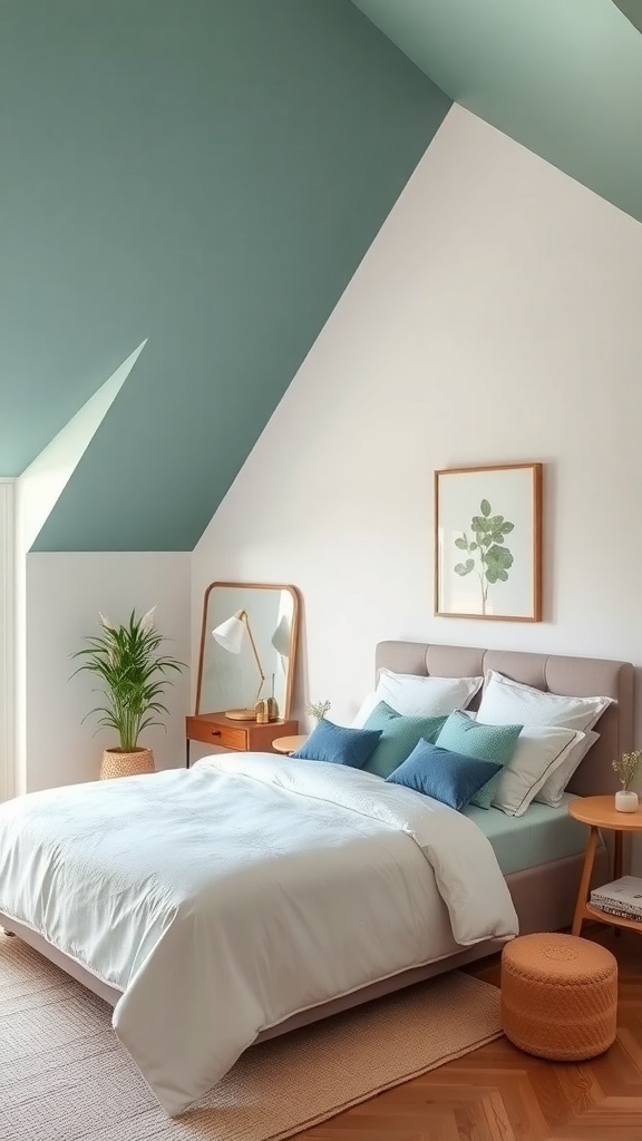 A cozy bedroom with a slanted ceiling painted in soft green, complemented by neutral walls and natural decor.