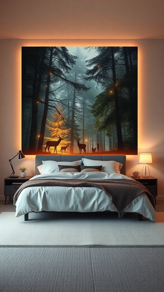 A serene bedroom featuring nature-inspired LED wall art with deer in a misty forest.