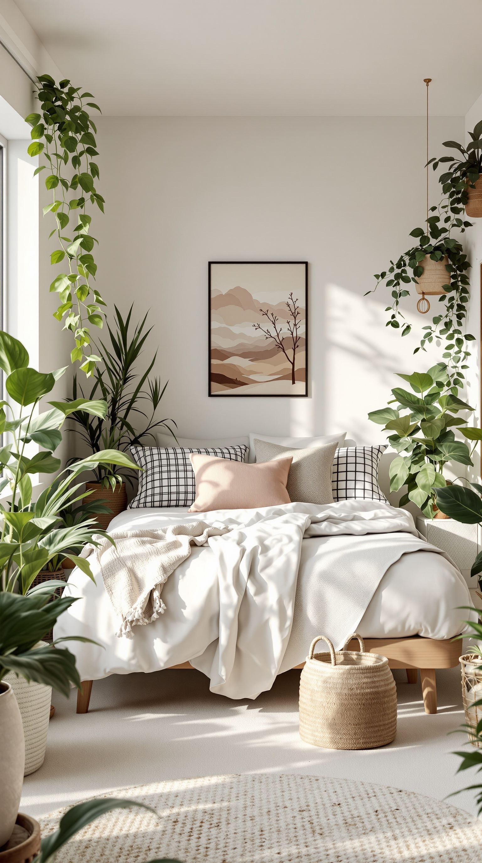 A cozy bedroom with a loft bed, plants, and soft decor.