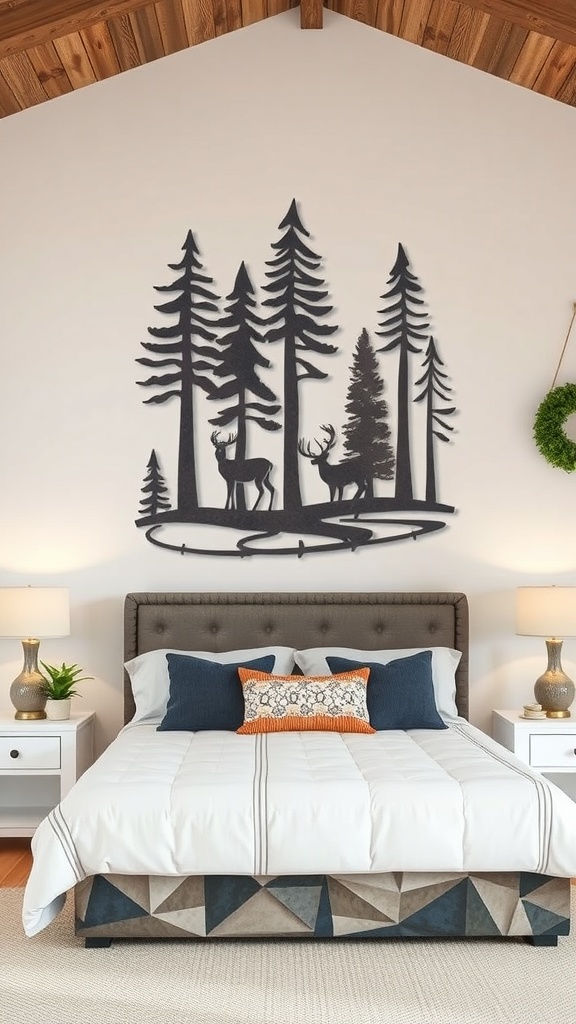 Metal wall art featuring trees and deer, creating a nature-inspired scene.