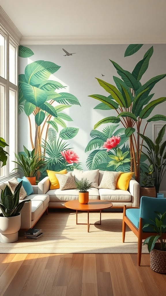 A living room with a nature-inspired mural featuring tropical plants and flowers, complemented by cozy furniture.