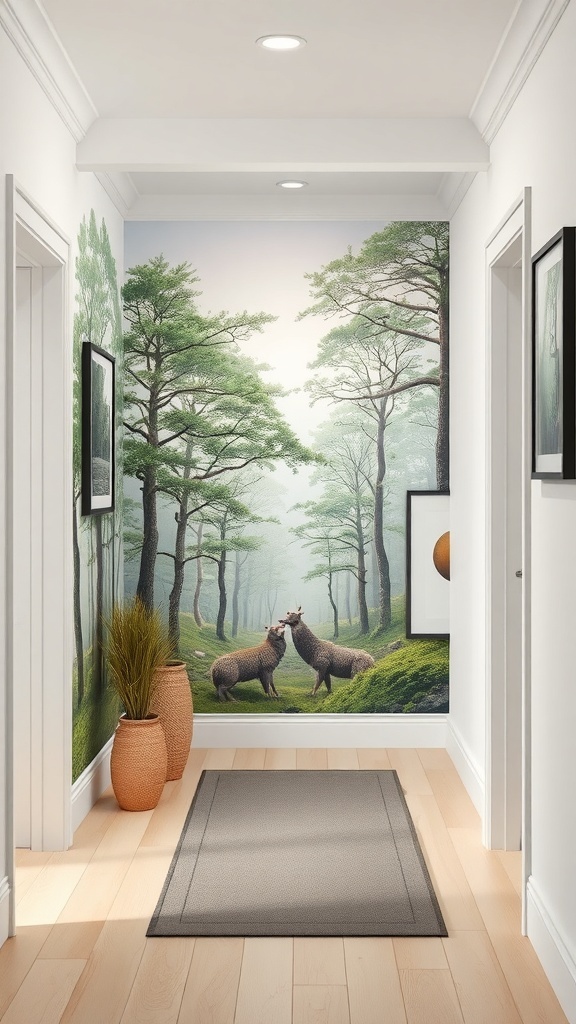 A hallway with a nature-inspired mural featuring trees and deer, complemented by terracotta pots and a rug.