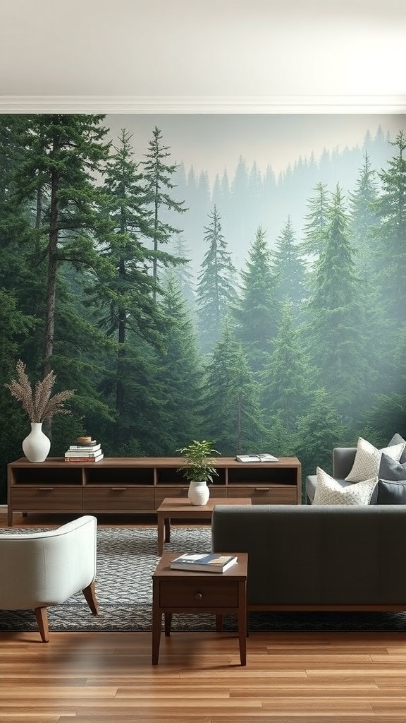 A living room with a nature-inspired mural featuring tall green trees, modern furniture, and a cozy atmosphere.