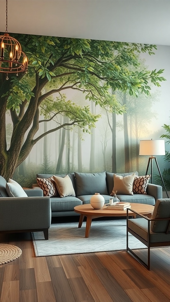 A living room featuring a nature-inspired mural of a forest with tall trees and greenery.
