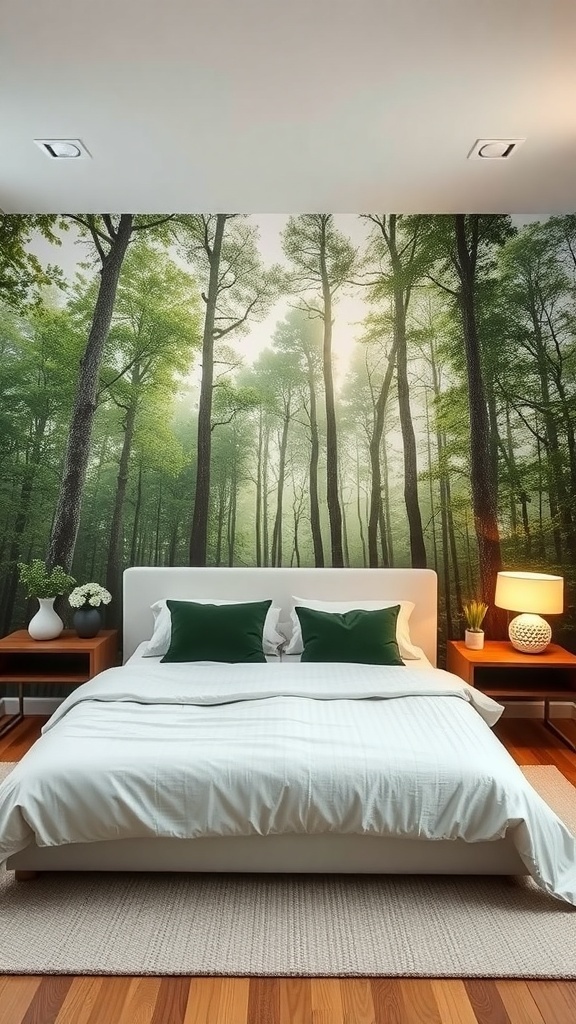 A bedroom with a nature-inspired mural of a forest, featuring a white bed and green accent pillows.