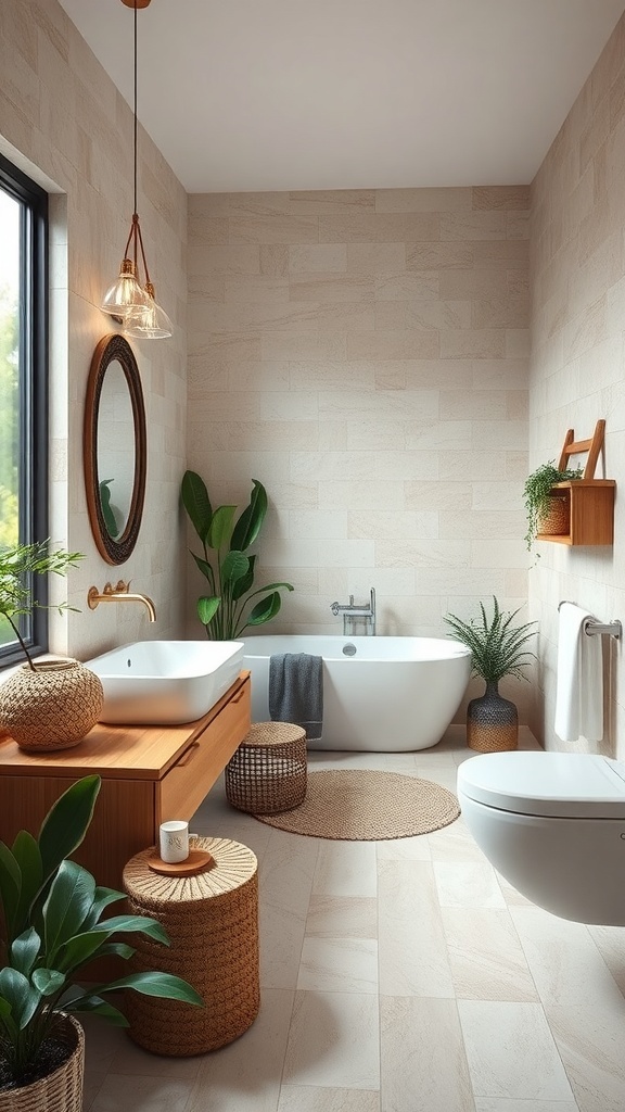 A serene bathroom with a freestanding tub, wooden accents, and lush plants.