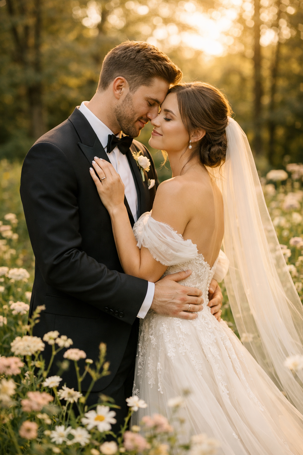 Engaged couple embracing in a flower-filled field during sunset