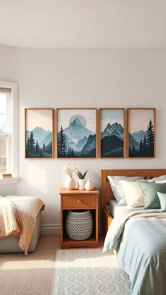 A dorm room featuring nature-inspired prints of mountains framed on the wall, with a cozy bed and a nightstand.
