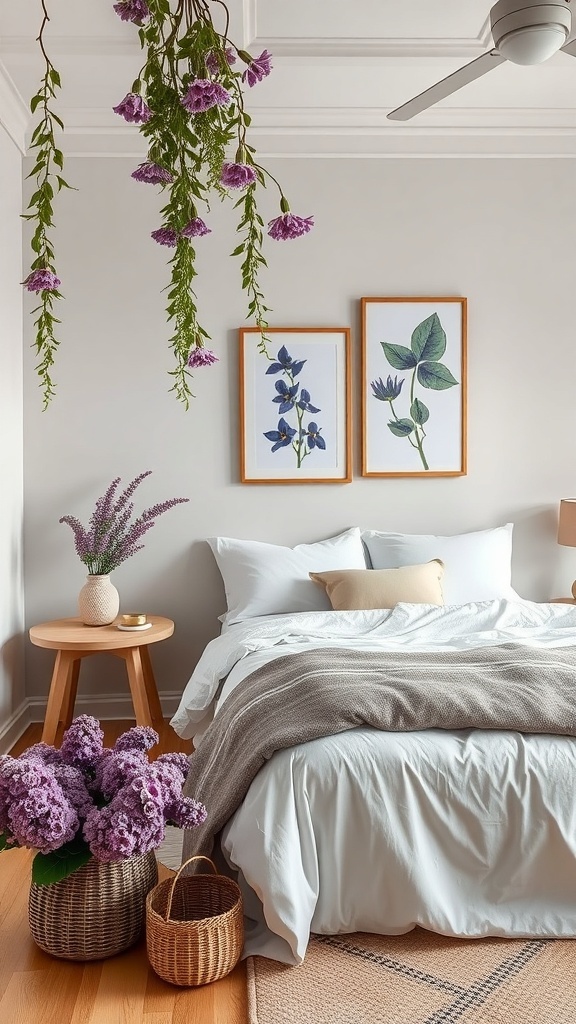 A cozy purple-themed bedroom with floral decorations, framed botanical prints, and a serene atmosphere.