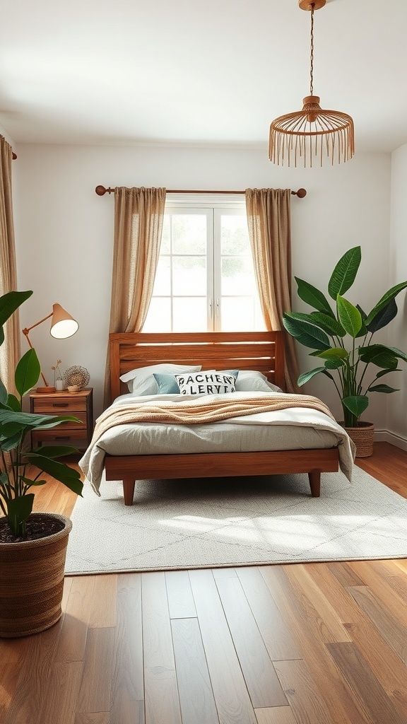 A cozy bedroom featuring a wooden bed, potted plants, and soft natural light.