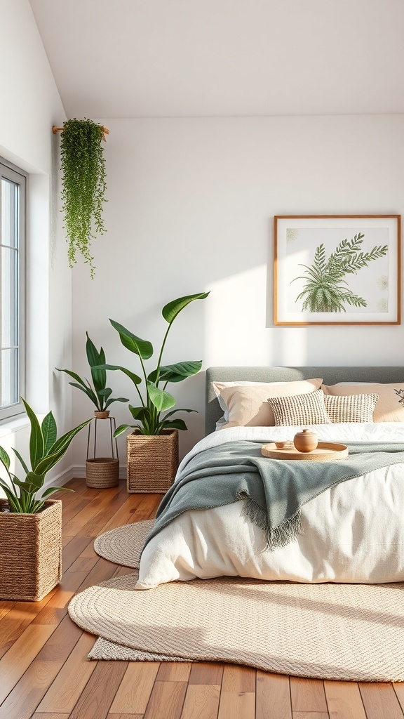 A cozy bedroom with plants, natural light, and earthy tones, featuring a comfortable bed and natural decor.