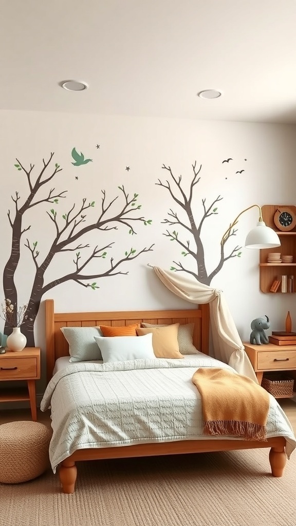 A cozy boy's bedroom with tree decals on the wall, a wooden bed, and soft bedding.