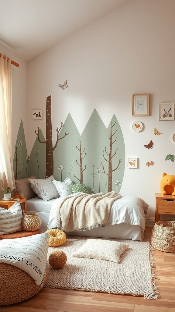 A cozy children's bedroom with nature-inspired decor, featuring tree wall art, soft bedding, and natural materials.