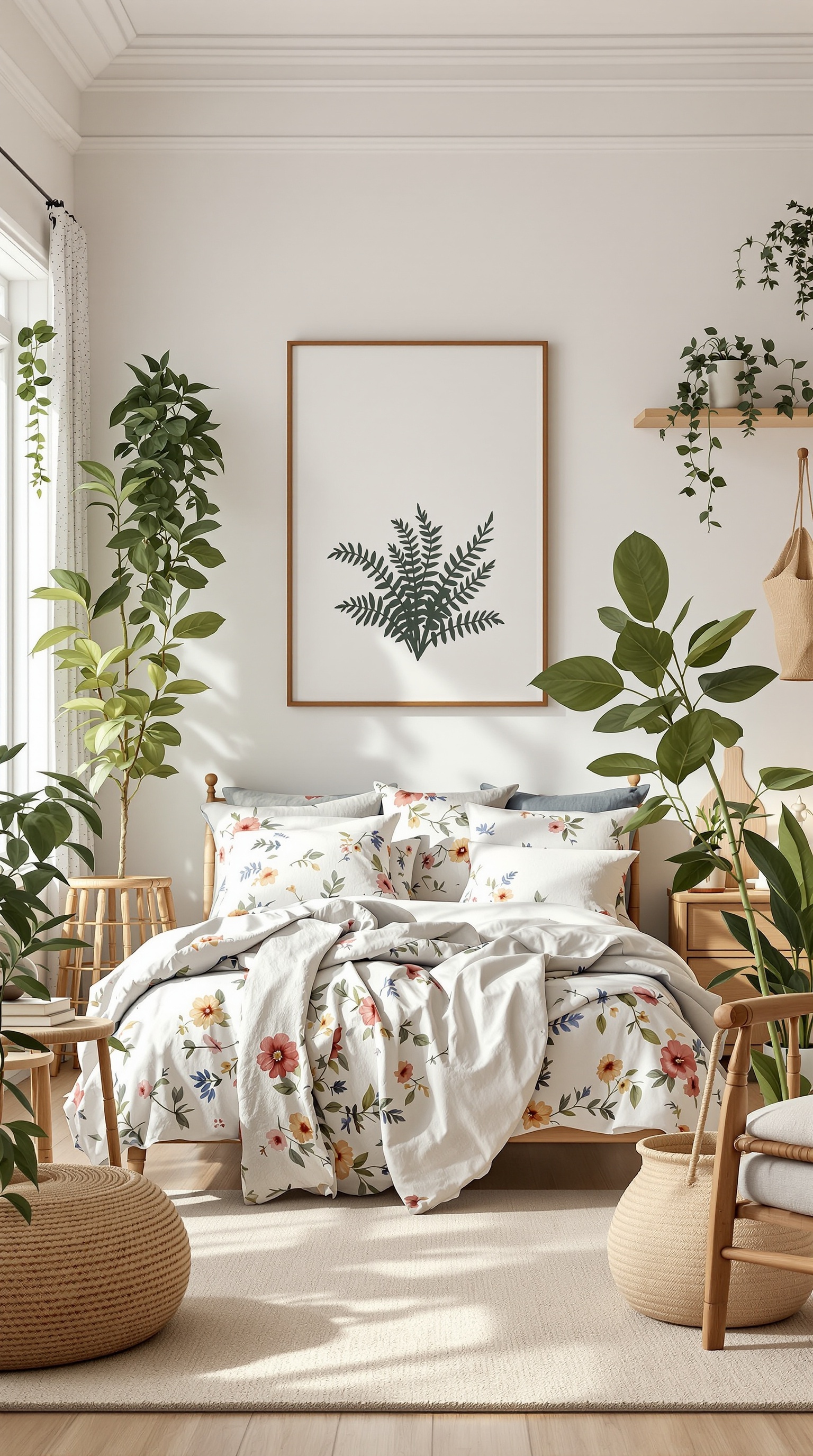 A cozy bedroom with floral bedding, plants, and natural light.