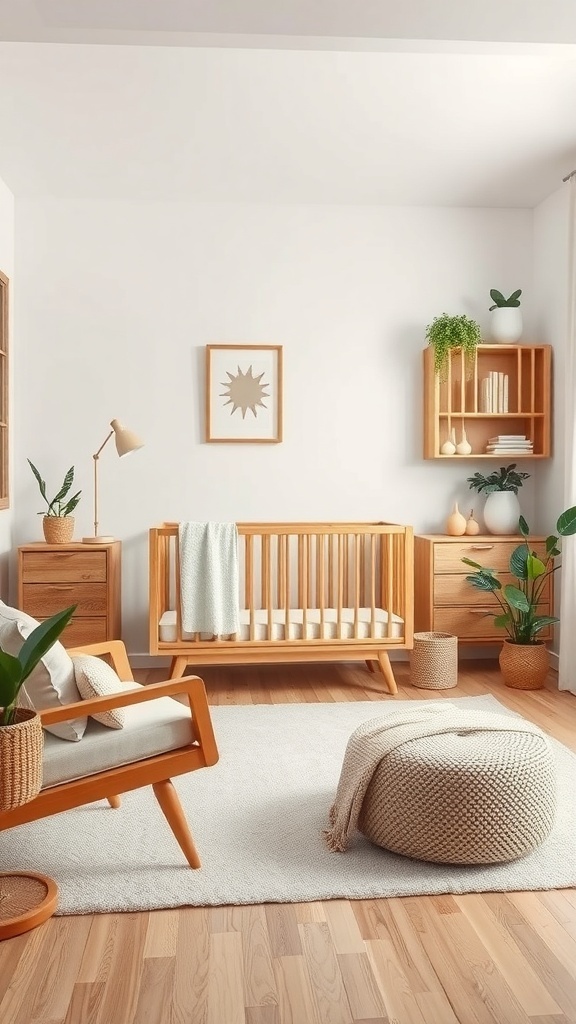A serene nursery with wooden furniture, plants, and soft textures.