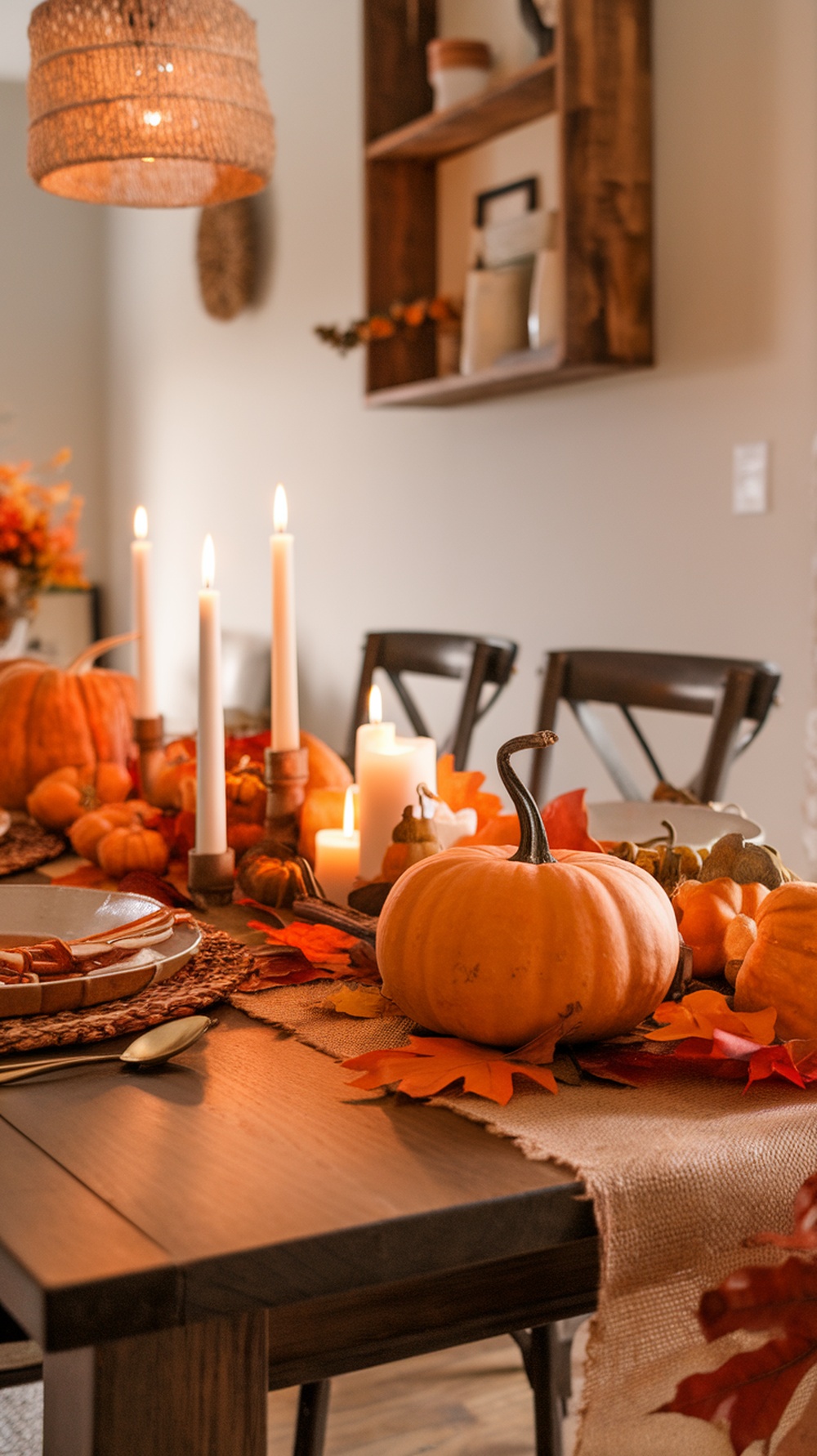 A Thanksgiving table with a burlap runner, pumpkins, candles, and autumn leaves.
