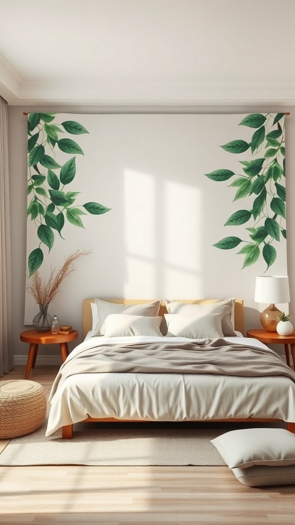 A cozy bedroom featuring a green leaf tapestry on the wall, with a bed and wooden furniture.