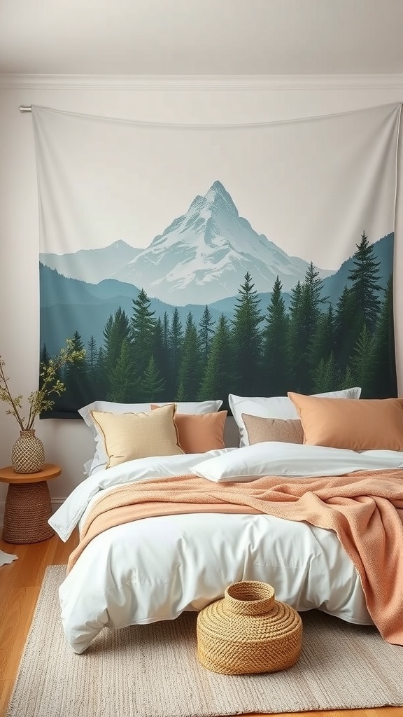 A cozy bedroom featuring a nature-inspired tapestry with mountains and trees, complemented by soft bedding and decorative pillows.