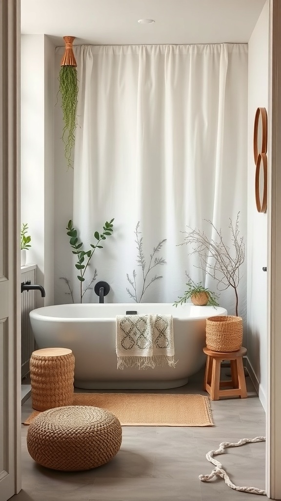 A serene bathroom featuring nature-inspired textiles, plants, and soft earthy tones.
