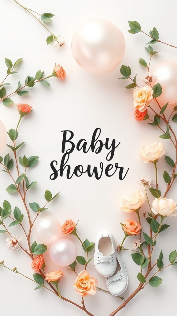 Nature-inspired baby shower invitation with flowers, balloons, and baby shoes