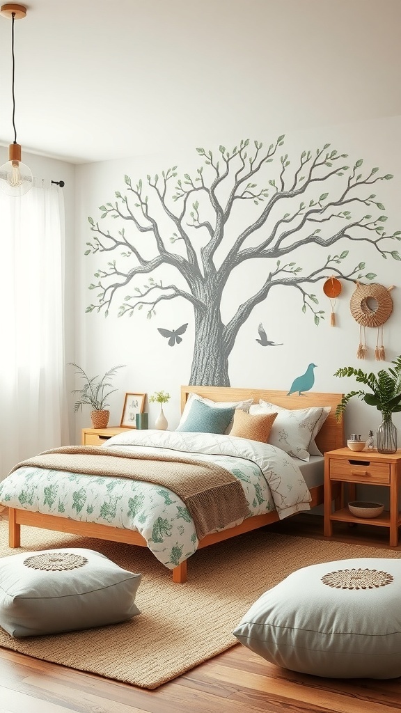 A cozy kids bedroom with a tree mural, soft bedding, and nature-inspired decor.
