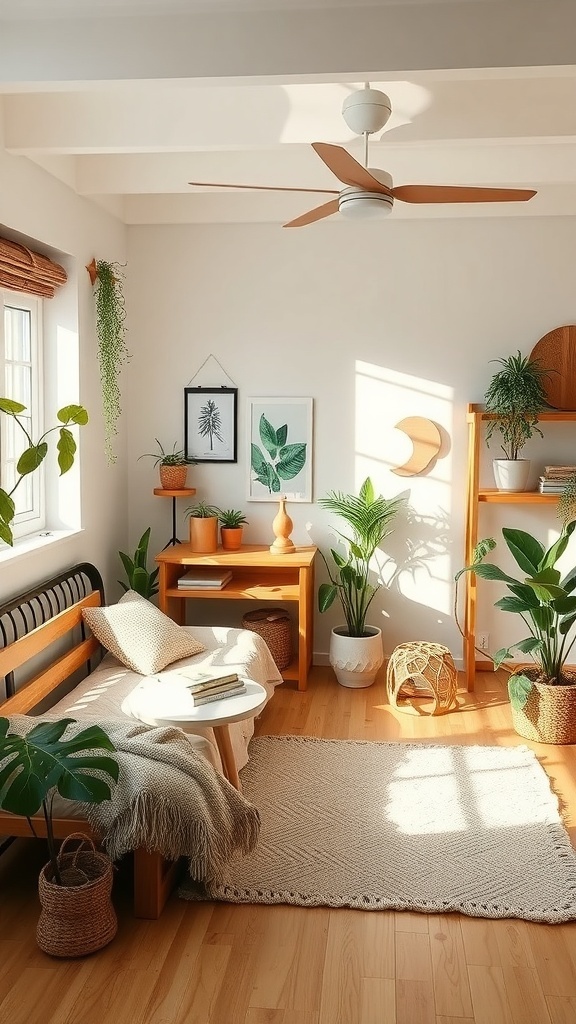 A bright and cozy teen bedroom featuring wooden furniture, plants, and natural light.