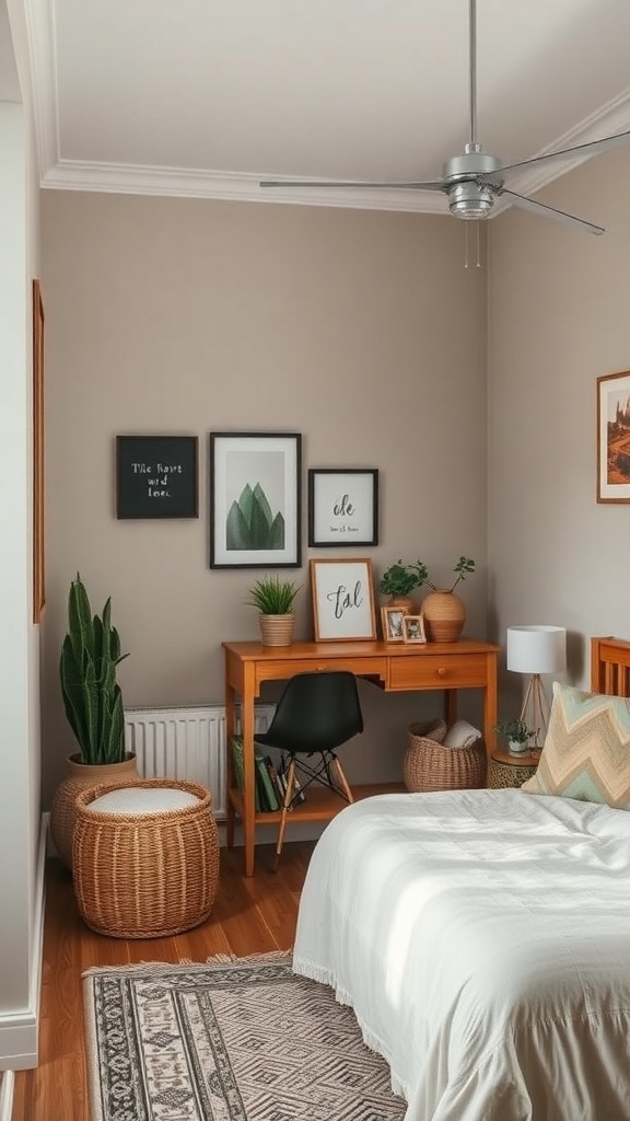 A cozy teen boy bedroom with nature-inspired decor, featuring wooden furniture, plants, and earthy tones.