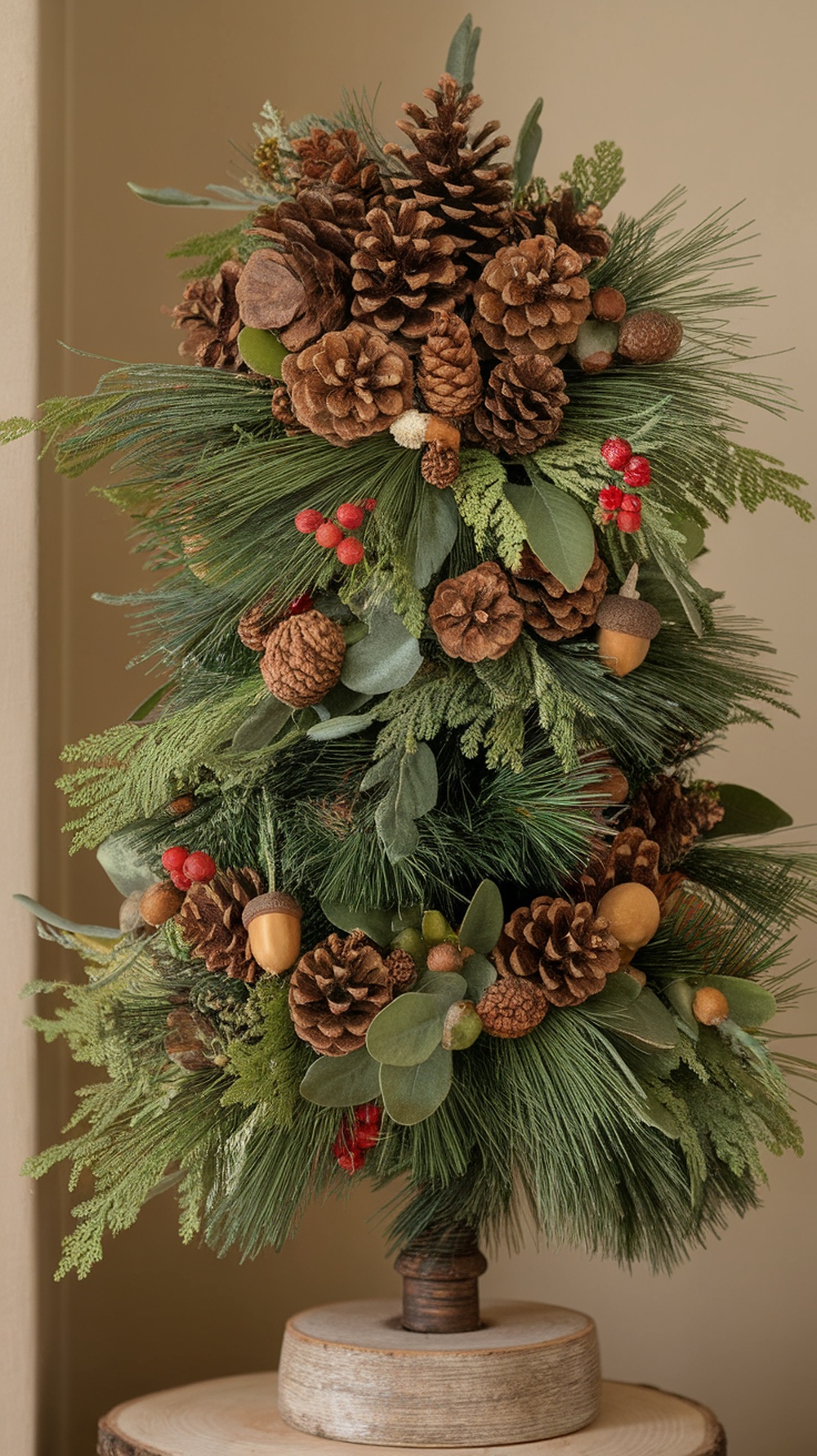 A nature-inspired Christmas tree topper featuring pinecones, greenery, and red berries.