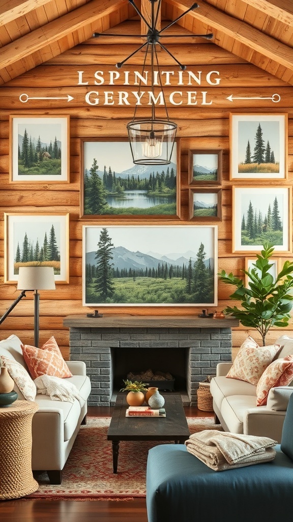 A rustic cabin interior featuring nature-inspired wall art with framed landscapes of forests and lakes.