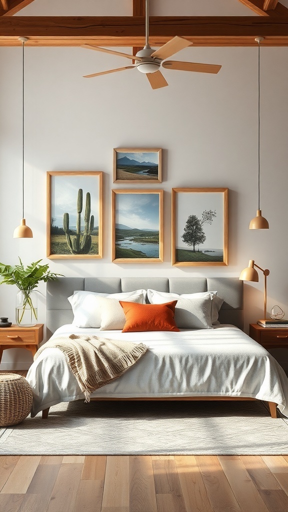 A rustic bedroom featuring nature-inspired wall art with framed landscapes, a cozy bed, and plants.