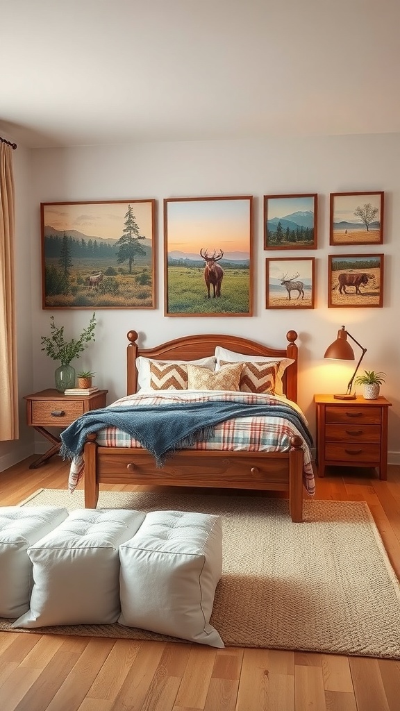 A cozy teen bedroom featuring nature-inspired wall art with landscapes and wildlife.