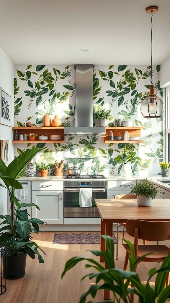 A kitchen with nature-inspired wallpaper featuring green leaves, wooden shelves, and plants, creating a fresh and inviting atmosphere.