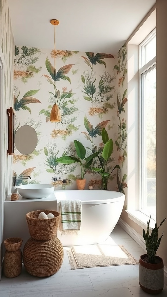A bathroom with nature-inspired wallpaper featuring plants and flowers, a white bathtub, and woven decor.
