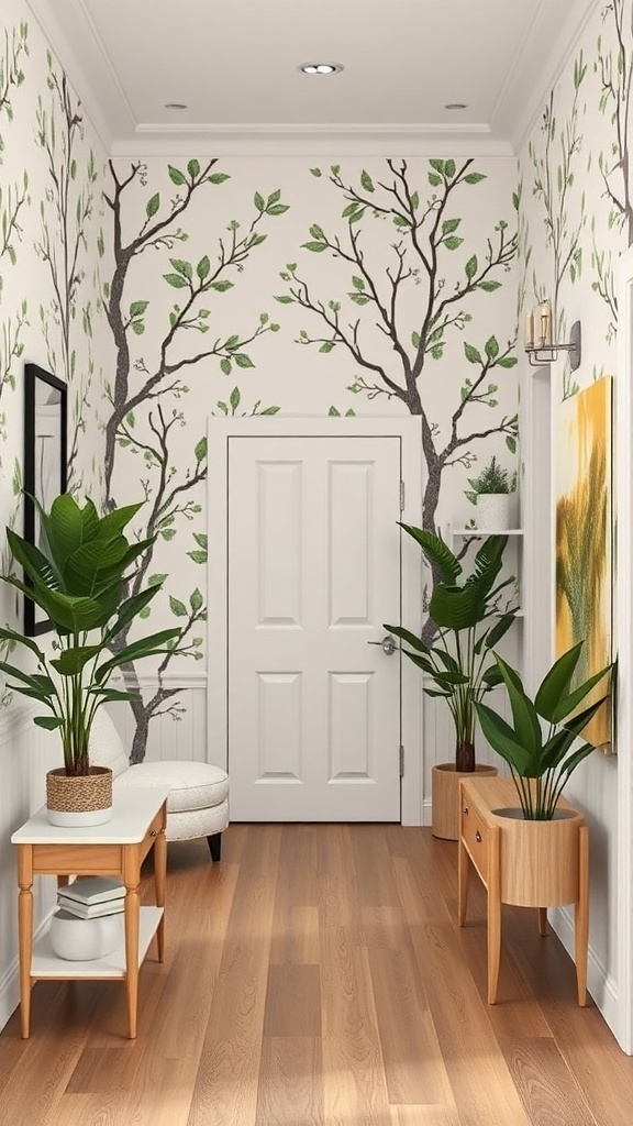 Entryway with nature-inspired wallpaper featuring branches and leaves, complemented by indoor plants.
