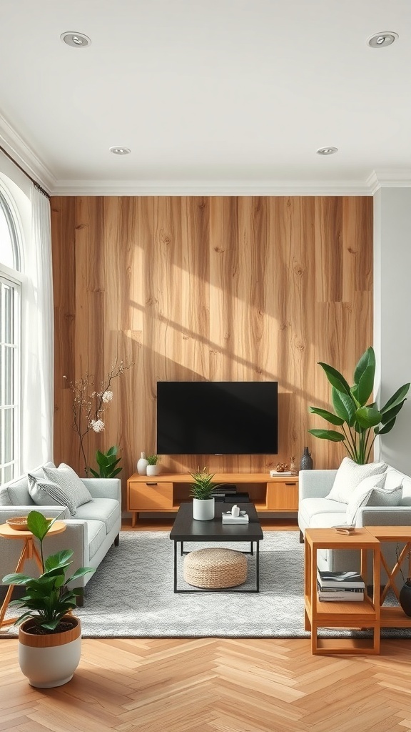 Cozy living room with a nature-inspired wood accent wall, featuring light furniture and plants.