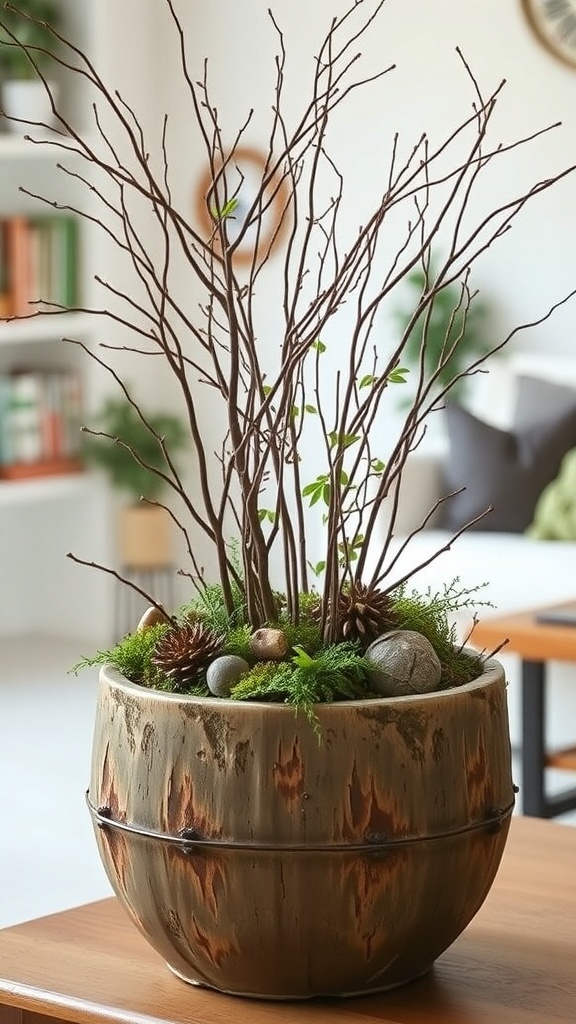 A rustic wooden planter filled with moss, twigs, and stones, creating a woodland theme.