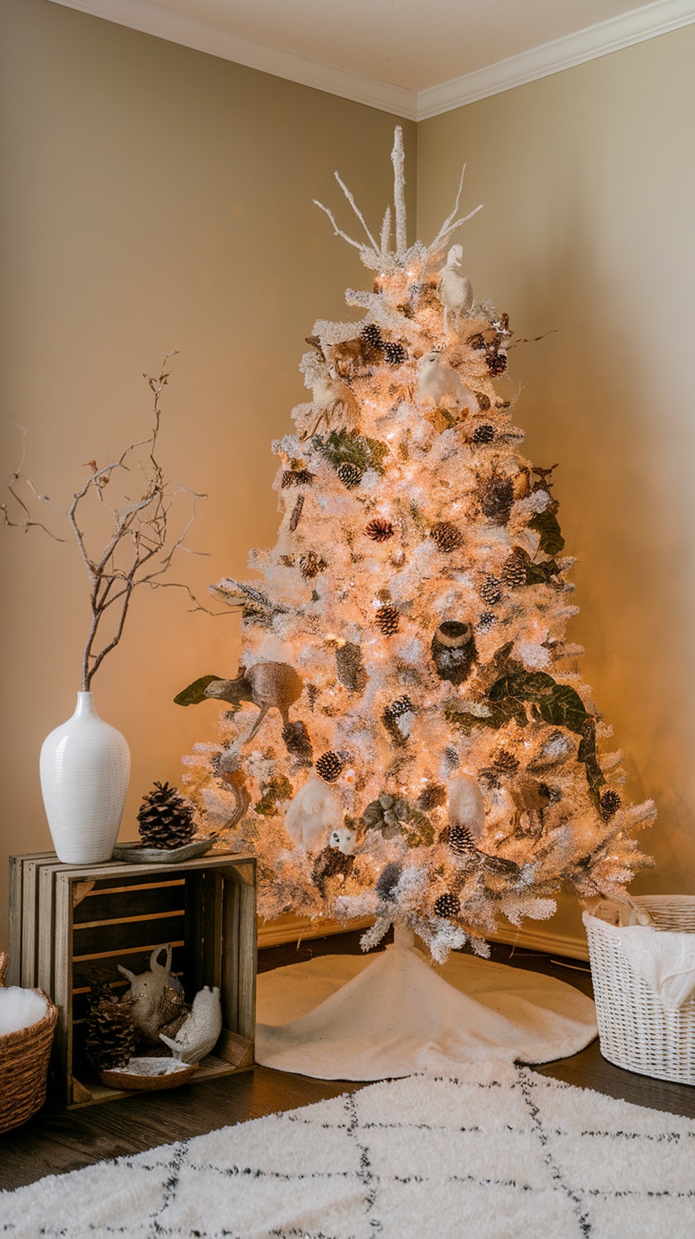 A beautifully decorated white Christmas tree with natural elements like pinecones and twigs, set in a cozy room.