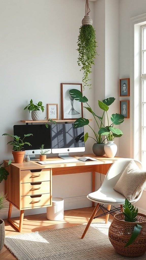 A nature-inspired workstation featuring a wooden desk, two monitors, potted plants, and natural light.