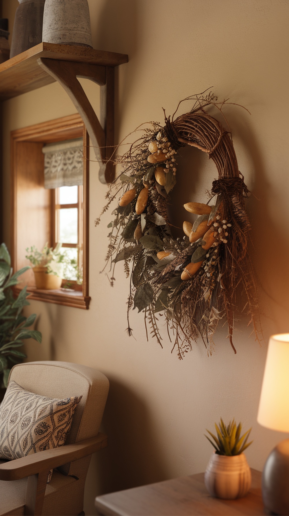A nature-inspired wreath made of dried leaves and flowers, hanging on a wall in a cozy room.