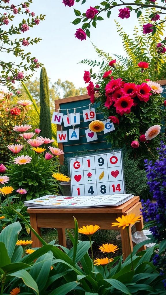 Colorful Nature Bingo game setup in a garden