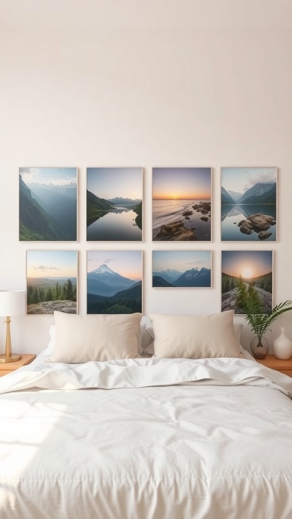 A collage of nature photography featuring mountains, lakes, and sunsets, arranged on a wall above a bed.