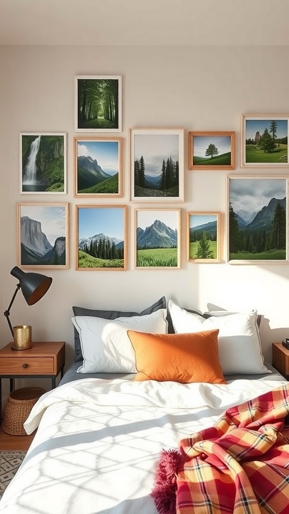 A wall art gallery featuring nature photography in a dorm room, with framed images of forests, mountains, and landscapes.
