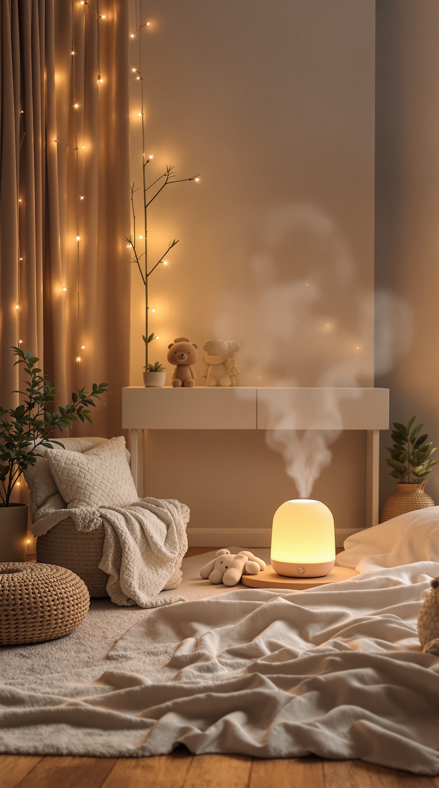 A cozy baby room with soft textures, warm lighting, and a diffuser emitting mist.