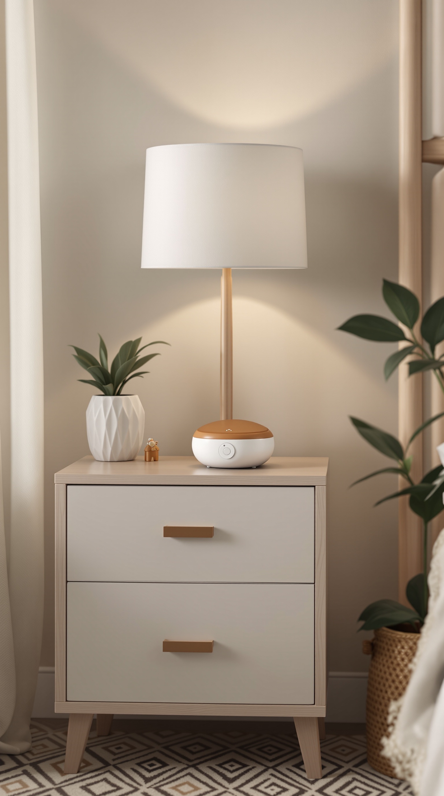 A stylish nightstand with a nature sounds machine, lamp, and a plant in a safari-themed baby room.