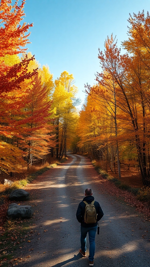 A person walking on a gravel path surrounded by colorful autumn trees.