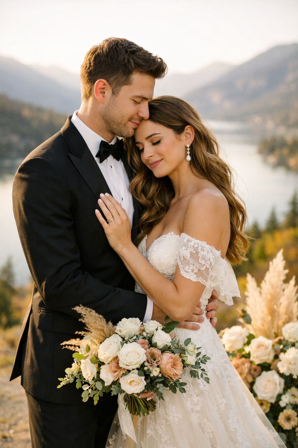 A couple embracing in a picturesque natural setting during a picnic engagement photoshoot.